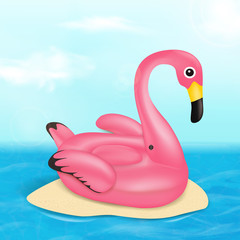 Summer vector banner design concept with pink Flamingo pool float, bright sun and ocean. Summer vacation holiday, traveling, tropical beach and sea. Vector illustration