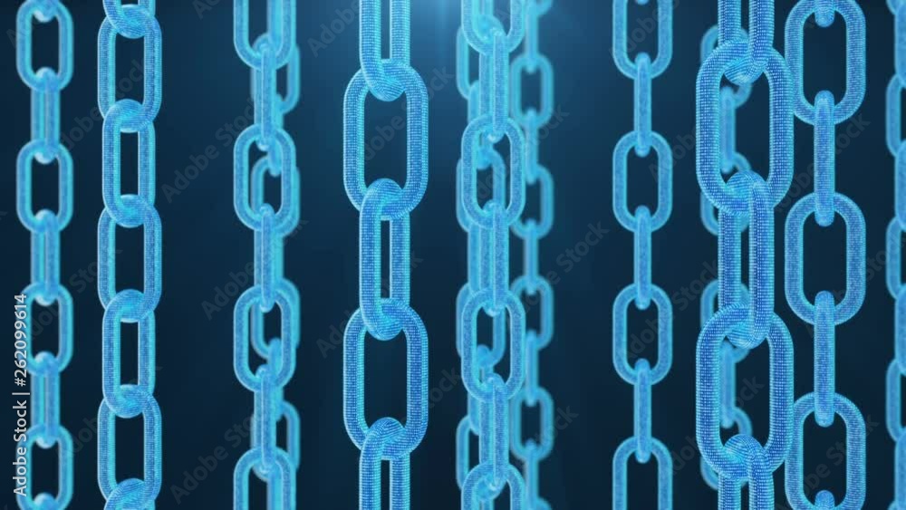Poster 3d illustration digital blockchain code. chain links network. blue background. concept of network, c