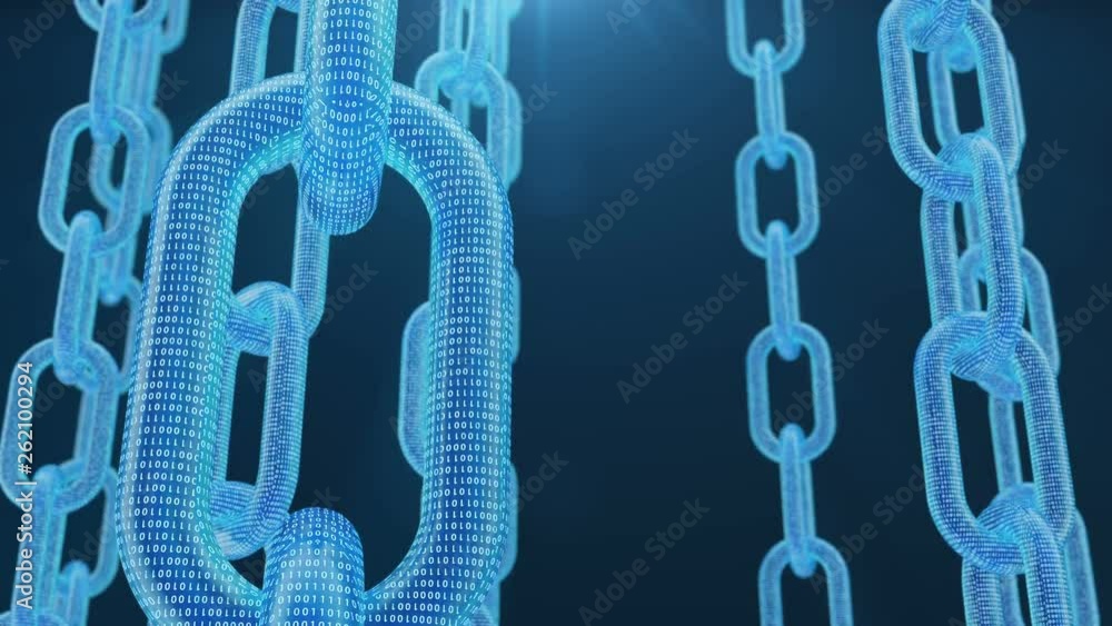 Poster 3d illustration digital blockchain code. chain links network. blue background. concept of network, c
