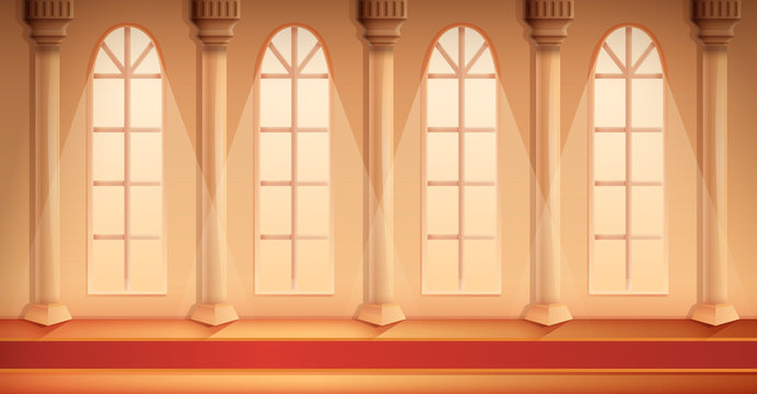 beautiful cartoon hall of a castle with a carpet, vector illustration