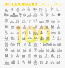 Image of Simple linear Vector icon set representing global tourist landmarks and travel destinations for vacations printed on Printed Glass Basin Splashbacks