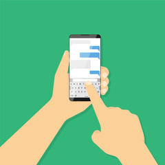 Hand holding smartpChat online app on the smartphone screen. Smartphone in hand with empty speech bubbles. Vector illustration in flat stylehone with blank screen. Vector illustration in flat style