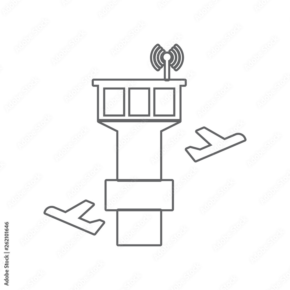 Poster tower controller and plane icon. element of airport for mobile concept and web apps icon. outline, t