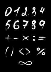 Set of the white hand written numbers on the black background