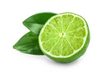 lime with half and leaf isolated on white background