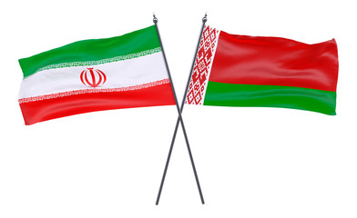 Iran and Belarus, two crossed flags isolated on white background. 3d image