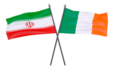 Iran and Ireland, two crossed flags isolated on white background. 3d image