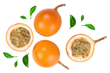 Granadilla or yellow passion fruit with leaf isolated on white background. Top view. Flat lay
