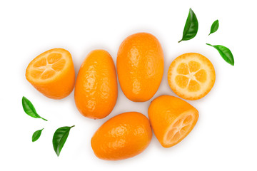 Cumquat or kumquat with half isolated on white background. Top view. Flat lay