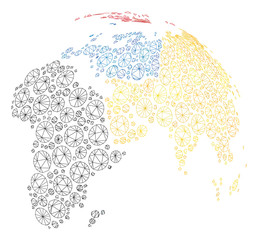 Mesh abstract globe with colored dotted continents polygonal 2d illustration. Abstract mesh lines and dots form triangular abstract globe with colored dotted continents.