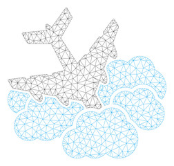 Mesh aircraft falls into clouds polygonal 2d illustration. Abstract mesh lines and dots form triangular aircraft falls into clouds.