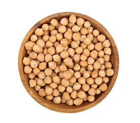 Dry raw organic chickpeas in wooden bowl isolated on white background. Top view