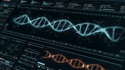 Detailed digital interface of futuristic DNA analysis process. Human DNA sequence monitor. High quality medical HUD. Perspective view of futuristic medical glass screen with out of focus effect. - Powered by Adobe