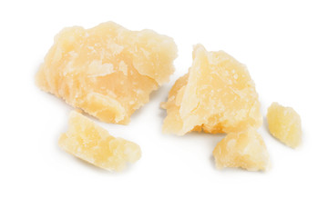 Parmesan cheese pieces isolated on white background. Closeup
