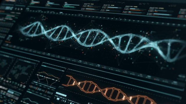 Detailed digital interface of futuristic DNA analysis process. Human DNA sequence monitor. High quality medical HUD. Perspective view of futuristic medical glass screen with out of focus effect. - Powered by Adobe