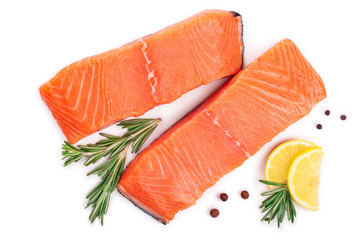 fillet of red fish salmon with lemon and rosemary isolated on white background. Top view. Flat lay