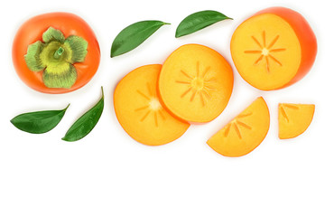 persimmon slice with leaves isolated on white background with copy space for your text. Top view. Flat lay pattern