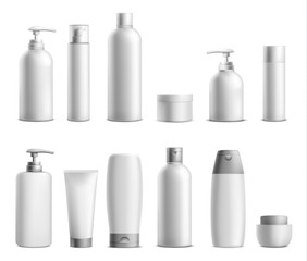 Cosmetic package mockup set. Collection of beauty product bottles and containers for cosmetics with silver caps and space for brand name isolated on white background. 3d realistic vector illustration.