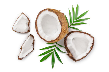 Fototapeta na wymiar coconut with leaves isolated on white background. Top view. Flat lay