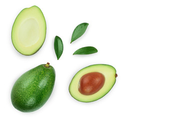 avocado and slices isolated on white background with copy space for your text. Top view. Flat lay
