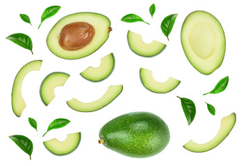 avocado and slices decorated with green leaves isolated on white background. Top view. Flat lay