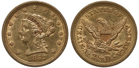 United States US golden coin 2-1/2 two and a half dollars 1852, Liberty head left surrounded by...