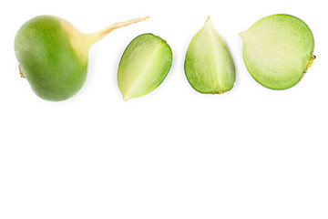 green radish with slices isolated on white background with copy space for your text. Top view. Flat lay