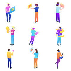 Set of modern fashion people, wearing vr glasses