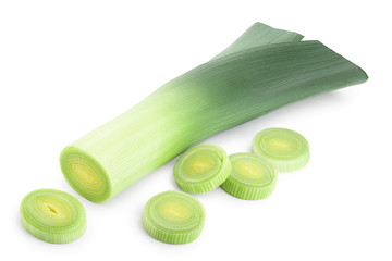 Leek vegetable with slices isolated on white background
