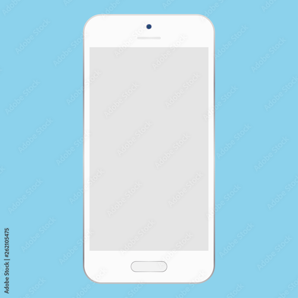 Poster flat style white smartphone with gray blank screen, front view screen smartphone, vector isolated on