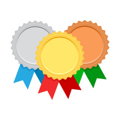 Set of award medals with colorful ribbon. Gold, silver and bronze. Vector illustration