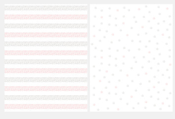 Abstract Irregular Geometric Seamless Vector Pattern. Hand Drawn Gray and Light Pink Stripes and Dots Isolated on a White Background. Stripes Made of Tiny Dots. Cute Pastel Color Design.