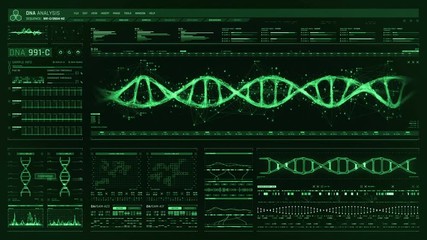 Detailed digital interface of futuristic DNA analysis process. Human DNA sequence monitor. High quality medical HUD. Front view of green futuristic medical screen in hospital. - Powered by Adobe
