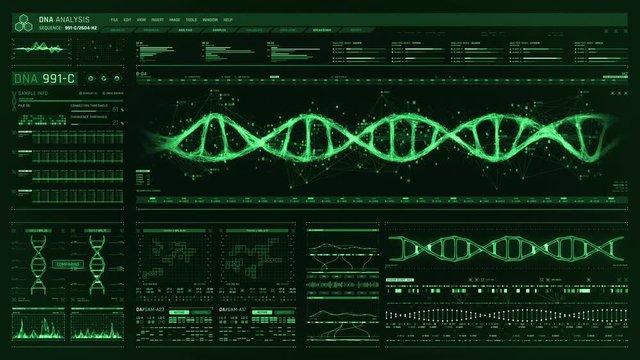 Detailed digital interface of futuristic DNA analysis process. Human DNA sequence monitor. High quality medical HUD. Front view of green futuristic medical screen in hospital.