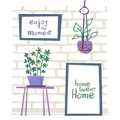 Houseplants against the background of the brick wall with frames for inscriptions or posters. Trendy minimalist interior, simple flat style in soft colors. Vector illustration.