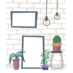 Houseplants in pots against the background of the brick wall with frames for inscriptions or posters.Trendy minimalist interior, simple flat style in soft colors.Vector illustration.