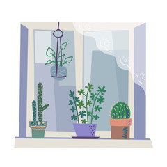 Houseplants on the window. Isolated on white. Simple flat style, in soft colors.Vector illustration.