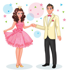 A beautiful Princess and a young man. Dance at the prom. Isolated cartoon illustration. School ball or carnival. Celebration of the event.  A group of teenagers or friends. Dance competition. 