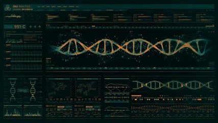 Detailed digital interface of futuristic DNA analysis process. Human DNA sequence monitor. High quality medical HUD. Front view of futuristic medical screen in hospital. - Powered by Adobe