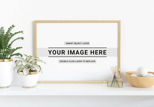 Horizontal Frame Leaning on Shelf With Plants Mockup