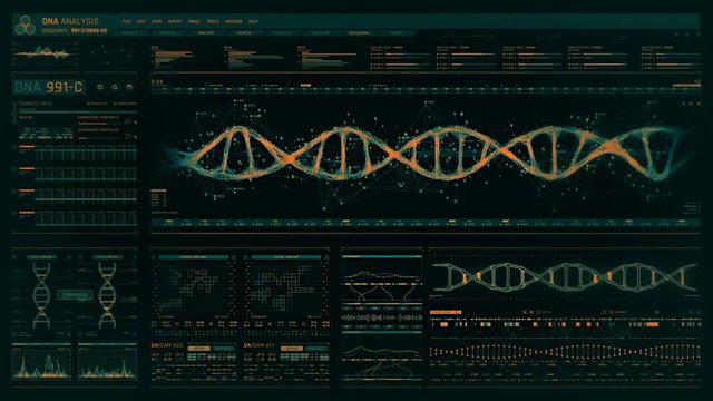 Detailed digital interface of futuristic DNA analysis process. Human DNA sequence monitor. High quality medical HUD. Front view of futuristic medical screen in hospital. - Powered by Adobe