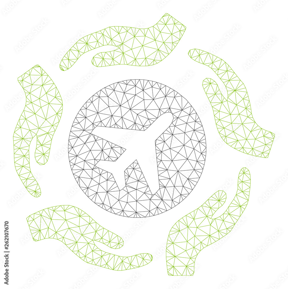 Poster mesh aircraft care hands polygonal icon illustration. abstract mesh lines and dots form triangular a