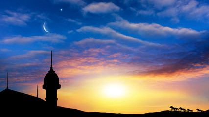 Obraz premium New moon . Prayer time . Generous Ramadan . Mubarak background . cloudy landscape . 