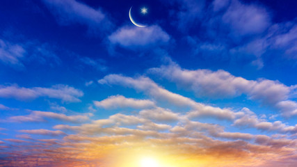 Obraz premium New moon . Prayer time . Generous Ramadan . Mubarak background . cloudy landscape . 
