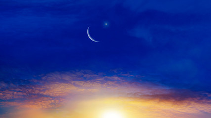 Obraz na płótnie Canvas New moon . Prayer time . Generous Ramadan . Mubarak background . cloudy landscape . 