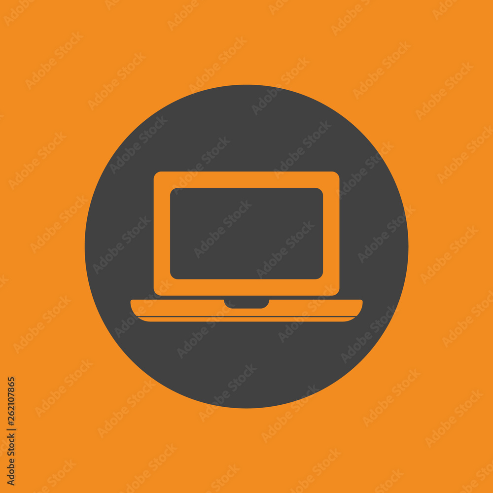 Poster notebook, laptop or computer sign, button grey color, isolated on orange background.. laptop icon.