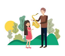man with daughter and saxophone character