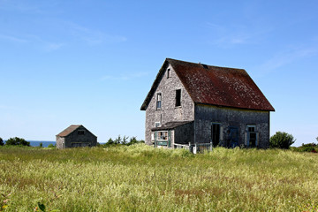Fototapeta na wymiar Abandonned farmhouse with shed in a field