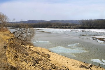 Spring ice drift on the Ussuri river. Khabarovsk region, far East, Russia.