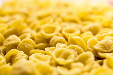 Close-up of Orecchiette, wheat semolina pasta made one by one by hand in a traditional way in the Italian region of Bari.